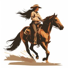 A woman wearing cowboy clothes and a hat rides a horse.