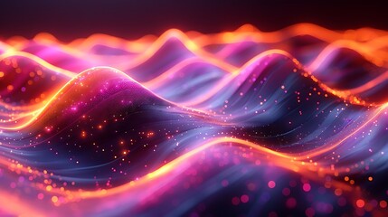 Wall Mural - An abstract scene of graphic waveforms representing digital data or music editing. The waveforms are fluid and colorful, set against a modern, dark background with neon highlights.