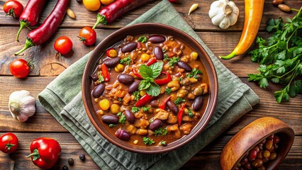 Vegan chili with beans, mushrooms, and vegetables , plant-based, hearty, vegetarian, healthy, protein-rich, savory, hot