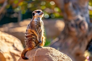 Wall Mural - vigilant meerkat standing on a rock in natural habitat