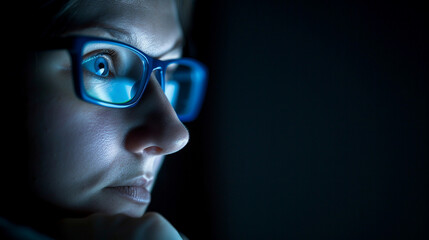 Wall Mural - A woman wearing blue glasses is looking at a computer screen