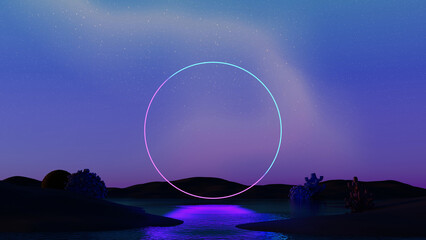 Wall Mural - 3D render, Surreal landscape with glowing neon circle floating on  ocean and land with reflection of water, beautiful night sky background.
