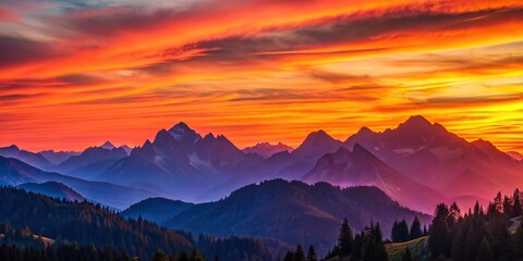 Wall Mural - Sunset in the mountains with vibrant orange and pink hues illuminating the sky and silhouetting the peaks, sunset, mountains