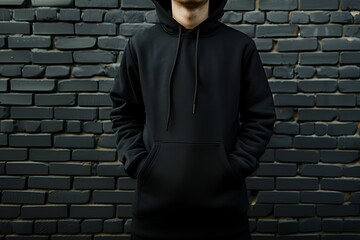 Close up young man wearing black hoodie for mock up on black glossy brick wall background image.
