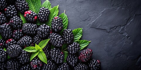 Wall Mural - Top view of fresh blackberries on a black background, healthy and organic summer fruit, blackberries, fruit, food, black, healthy