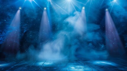 Stage entertainment background with blue spotlights and smoke.
