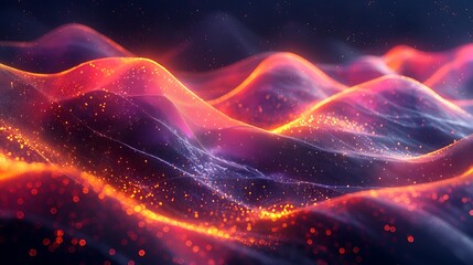 Wall Mural - An abstract view of sinusoidal lines made of glowing particles in a particle physics simulation. The lines form fluid wave patterns with vibrant, dynamic colors against a dark backdrop