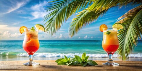 Wall Mural - Tropical beach scene with two refreshing summer cocktails, beach, tropical, cocktails, drinks, refreshing, vacation, relaxation