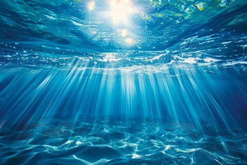 Wall Mural - An underwater scene with a deep water abyss and a blue sun light
