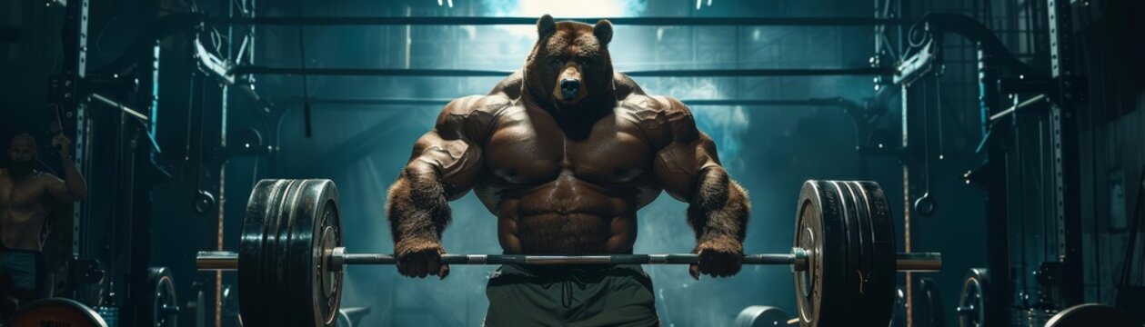 A muscular bear in a gym attempting to lift a heavy barbell