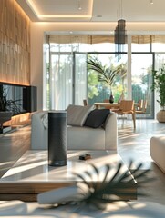 Aufkleber - A modern living room with a sleek design features a smart speaker, automated lighting, and smart security systems. Generative AI