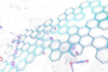 Abstract image showing hexagonal shapes resembling molecular structure, in a digital illustration style, with a white and blue background, concept of science