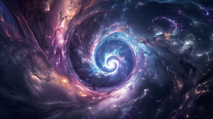 Wall Mural - Spiral galaxy in infinite space. Impressive swirls and colorful explosions remind us of the power and majesty of the universe, engaging the viewer on a cosmic journey.