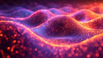Wall Mural - An artistic depiction of sinusoidal lines made of glowing particles in a particle physics simulation. The fluid wave patterns are highlighted by vibrant, dynamic colors against a dark background