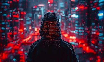 A man is wearing a hoodie and standing in front of a cityscape