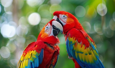 Wall Mural - Image. Two cute macaw birds in love --ar 5:3 Job ID: ff87ab1e-06db-4f9e-800f-8c84a554cca2