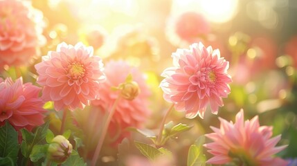 Wall Mural - Close Up of Pink Dahlia Flowers in a Sunlit Garden