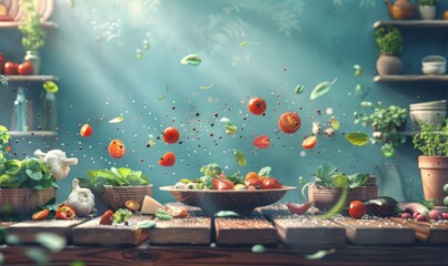 Wall Mural - illustration of fresh ripe vegetables and herbs on wooden table and flying over it in kitchen with various ingredients