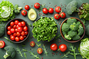 Variety of fresh vegetables in bowls on green background, top view