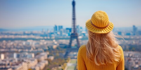 Wall Mural - Female tourist admiring Eiffel Tower with Paris skyline in background. Concept Travel Photography, Landmarks, Cityscape, Paris, Tourism