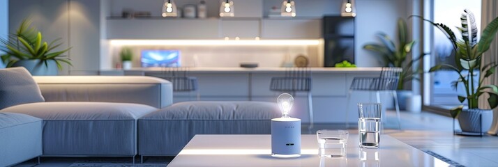 Fototapete - Modern smart home living room with AI devices, automated lighting, and sleek design. Comfort and technology are at the forefront. Generative AI