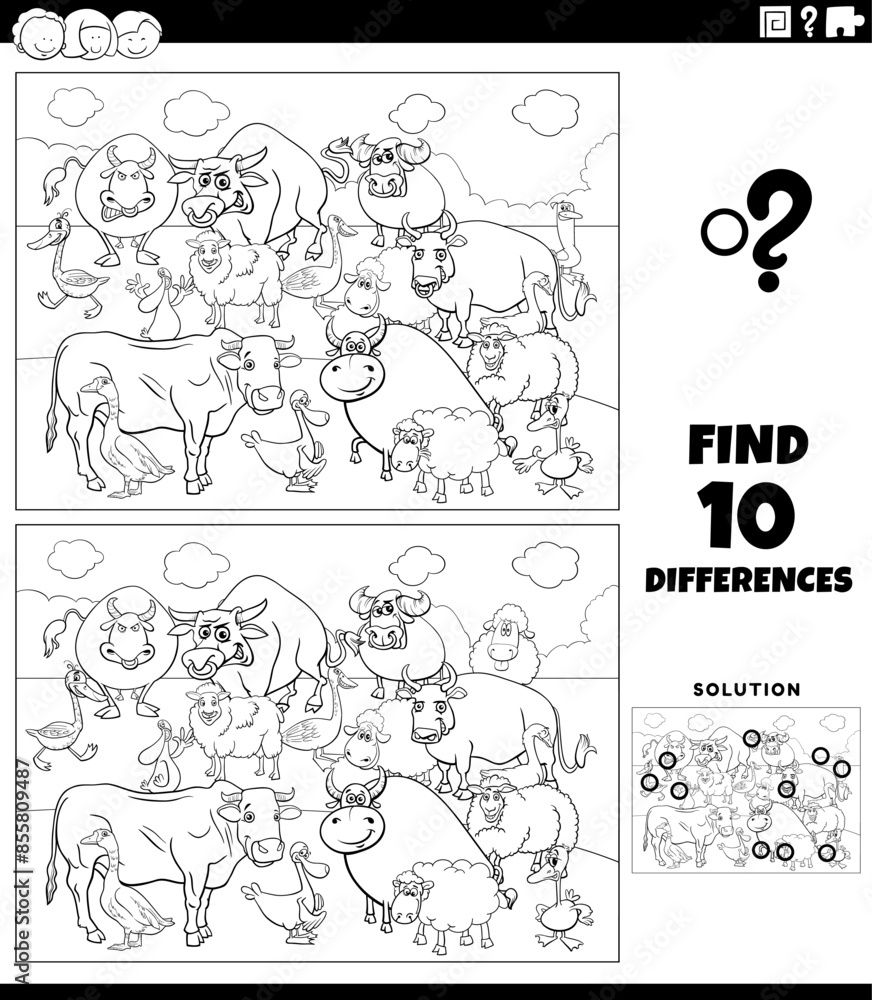 differences activity with cartoon farm animals coloring page Stock ...