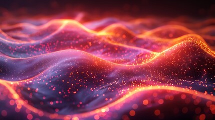 Wall Mural - Sinusoidal lines made of glowing particles in a particle physics simulation. The lines flow smoothly in wave-like patterns, with vibrant, dynamic colors against a dark background