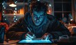 © Александр Михайлюк - crop young male looking at screen of graphic tablet while sitting at table and drawing with pen in hand in dark room