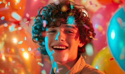 Wall Mural - A teenage boy with curly dark hair smiles and looks at the camera against a backdrop of colourful balloons and confetti