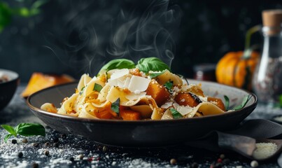 Wall Mural - pappardelle pasta with roasted butternut squash, topped with shaved Parmesan and basil, on a dark atmospheric background