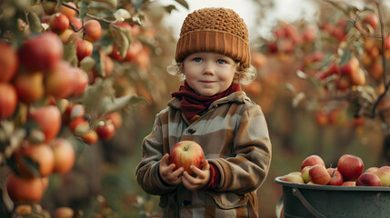 Wall Mural - a child stands near a bucket of apples against the backdrop of an apple orchard and holds one apple in his hands