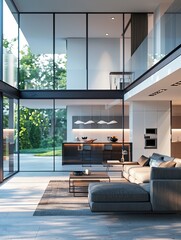 Aufkleber - Modern living room with large windows, garden view, cozy couch, coffee table, sleek lighting - a showcase of smart home perks. Generative AI