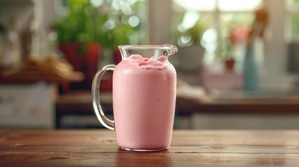 Wall Mural - Refreshing pink milkshake in a pitcher on a wooden table during the summer enjoyed for a cool and satisfying treat