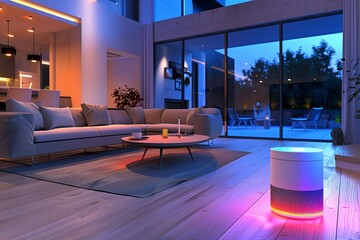 Fototapete - A sleek and contemporary smart home living room with AI-driven devices, automated lighting, and smart security systems. Generative AI