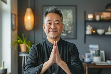 Wall Mural - Portrait of a glad asian man in his 40s joining palms in a gesture of gratitude isolated on scandinavian-style interior background