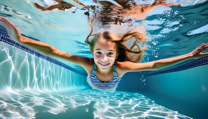 Little Girl Swimming Underwater in Pool