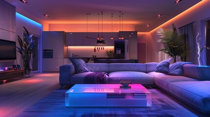 Aufkleber - A sleek and modern living room featuring automated lighting and a comfortable sectional sofa. Generative AI