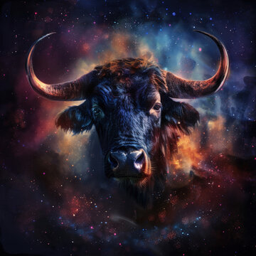 Majestic bull representing the astrological sign of taurus, set against a backdrop of vibrant galaxy clouds and twinkling stars