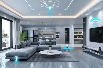 Poster - A contemporary living room showcasing an AI-driven smart home, featuring automated lighting, voice assistants, and security systems. Generative AI