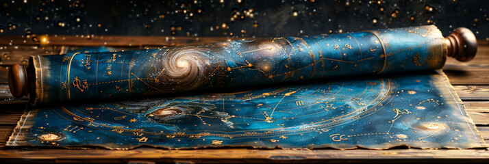 Wall Mural - ancient star map scroll with detailed cosmic illustrations, representing exploration and astronomy.