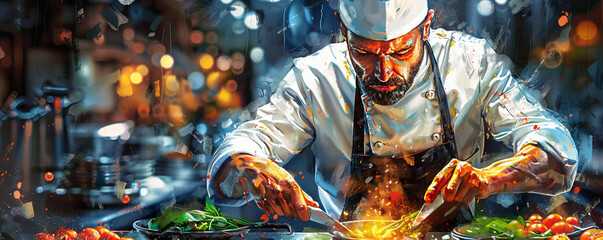 A chef preparing a delicious meal from fresh ingredients, infusing each dish with creativity and passion.