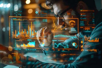 Wall Mural - Businessman analyzes profitability of working companies with digital augmented reality graphics, positive indicators in 2024, businessman calculates financial data for long-term investments.