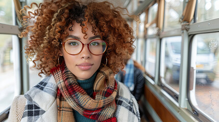 Poster - A woman with curly hair and glasses is sitting on a bus