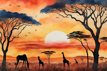 African Sunset Silhouette, Majestic Giraffes under Fiery Sky, Watercolor Safari Landscape, Watercolor african sunset landscape