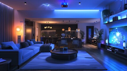 Aufkleber - Modern living room with AI devices, ambient lighting, home entertainment system, & warm/cool lighting for a comfortable & relaxing atmosphere. Generative AI