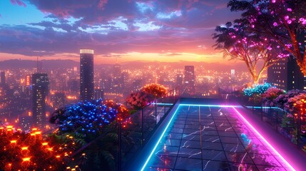 Wall Mural - Rooftop Garden with Futuristic Cityscape and Neon Lights in Twilight Setting