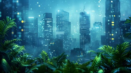 Wall Mural - Futuristic Interconnected Metropolis Enveloped in Vibrant Blue Glow and Lush Greenery
