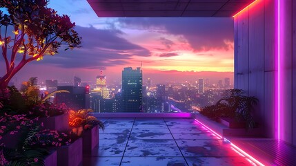 Wall Mural - Captivating Rooftop Garden at Twilight with Futuristic City Skyline