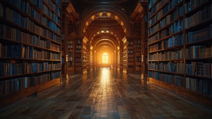 Wall Mural - Majestic old library with endless rows of books, wooden shelves, and warm sunlight streaming through arched windows.