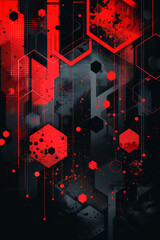 Wall Mural - Vibrant red and black abstract background with hexagons and dots for modern techno illustration